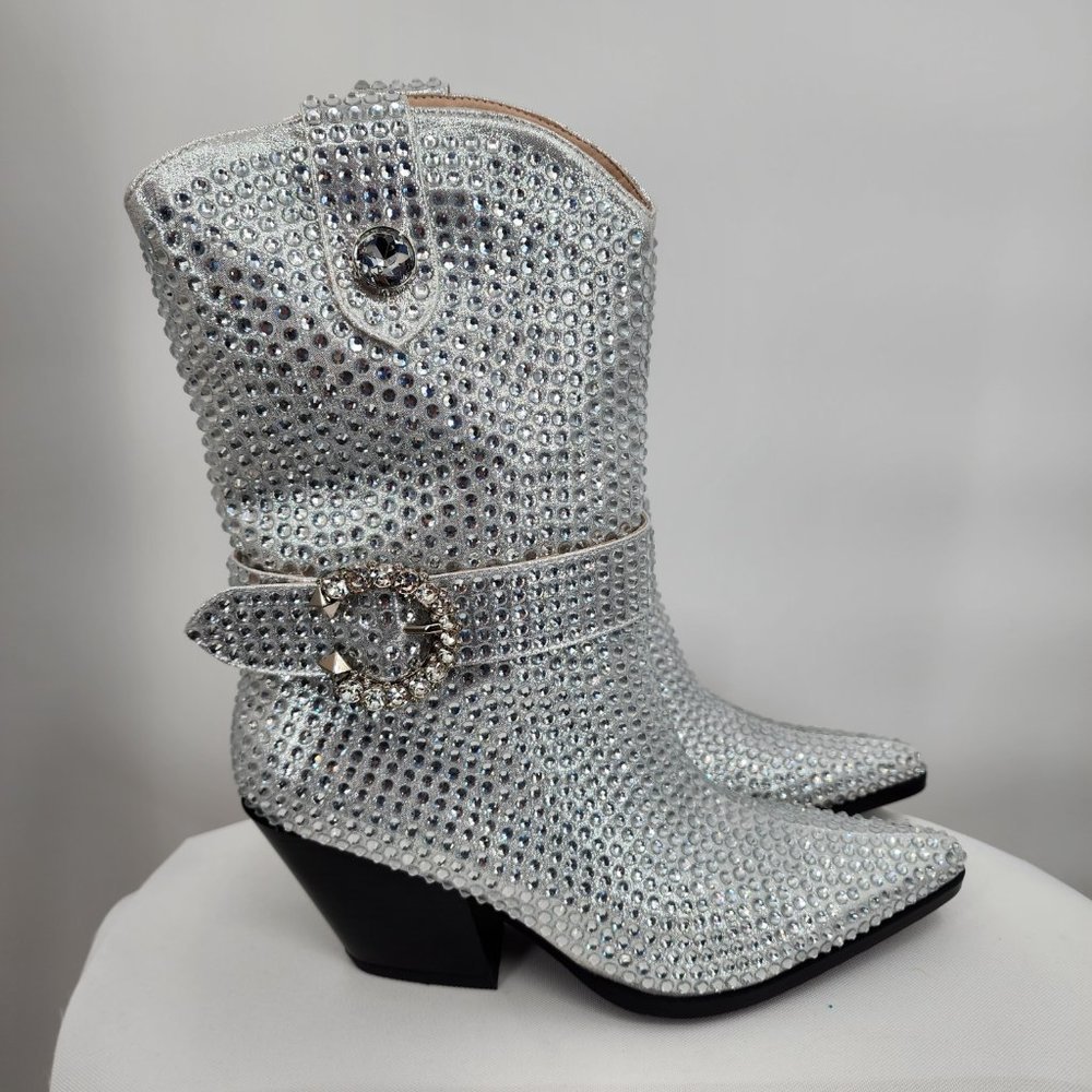 AZALEA WANG Federica Silver Crystal Shortie Western Cowgirl Boots 6-10 NWT - Picture 4 of 10